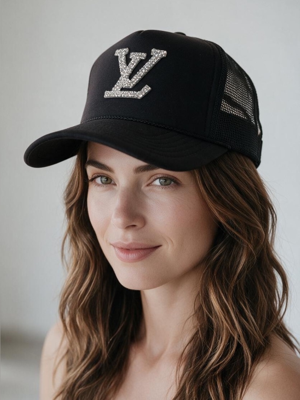 Inspired Black trucker hat with glitter patch